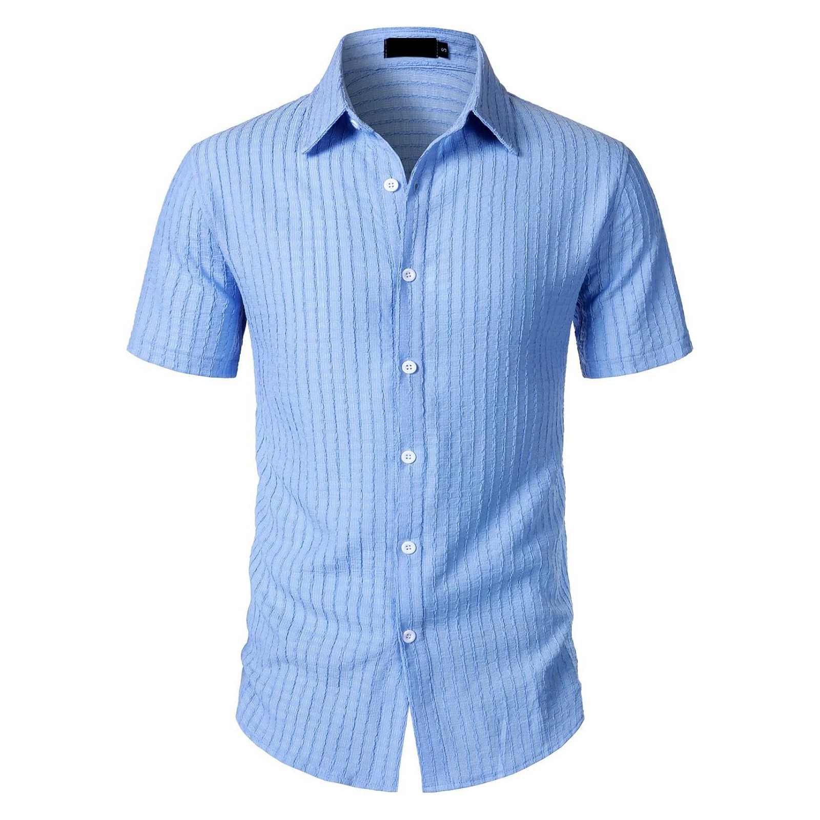 thumbnail image 1 of Camisa informal de manga corta a rayas para hombre: cuello abierto, corte holgado, para el verano, diseño resistente a las arrugas y fácil de cuidar, 1 of 6